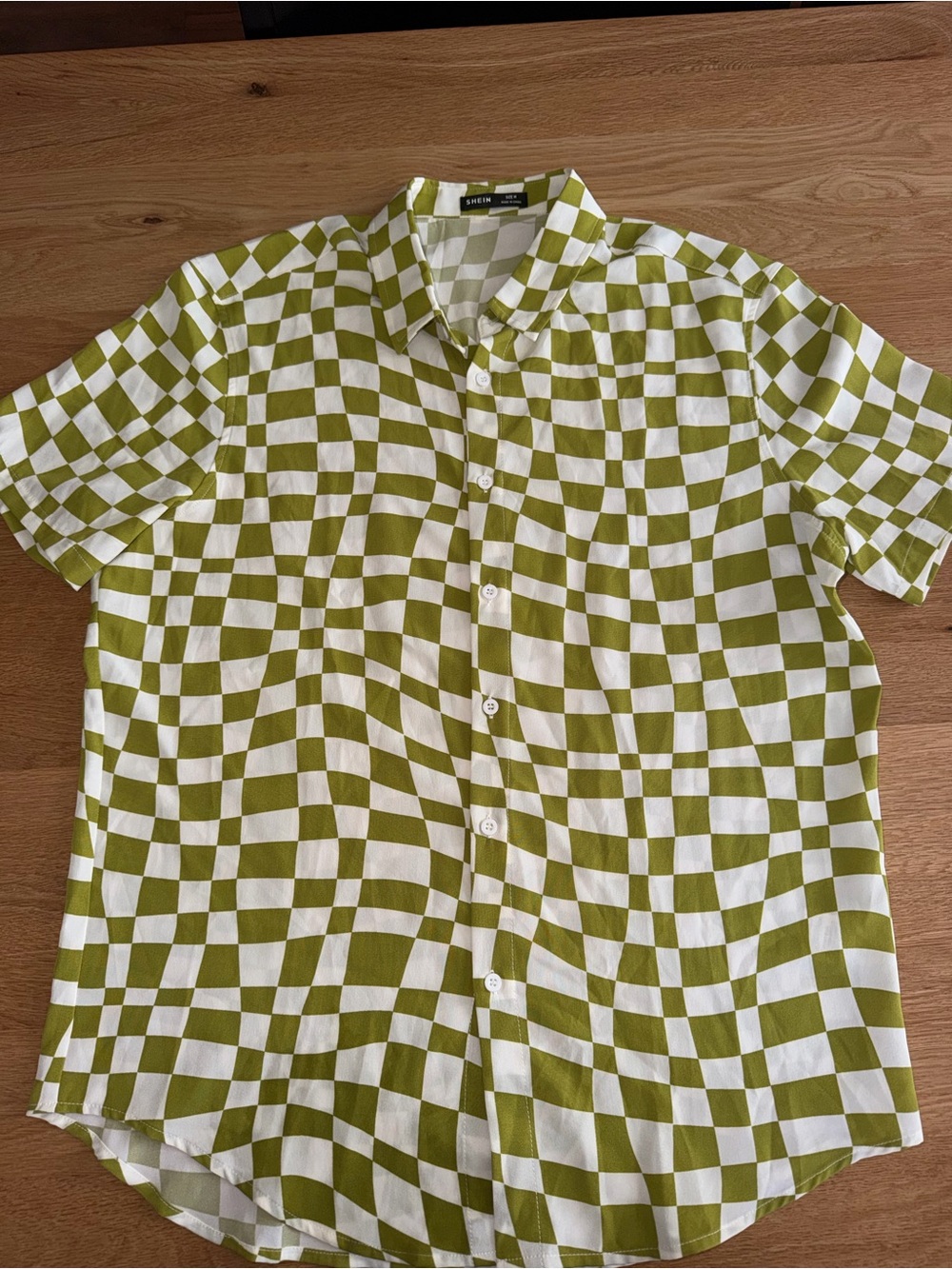 SHEIN Olive & White Check Short-Sleeve Button-Down Shirt